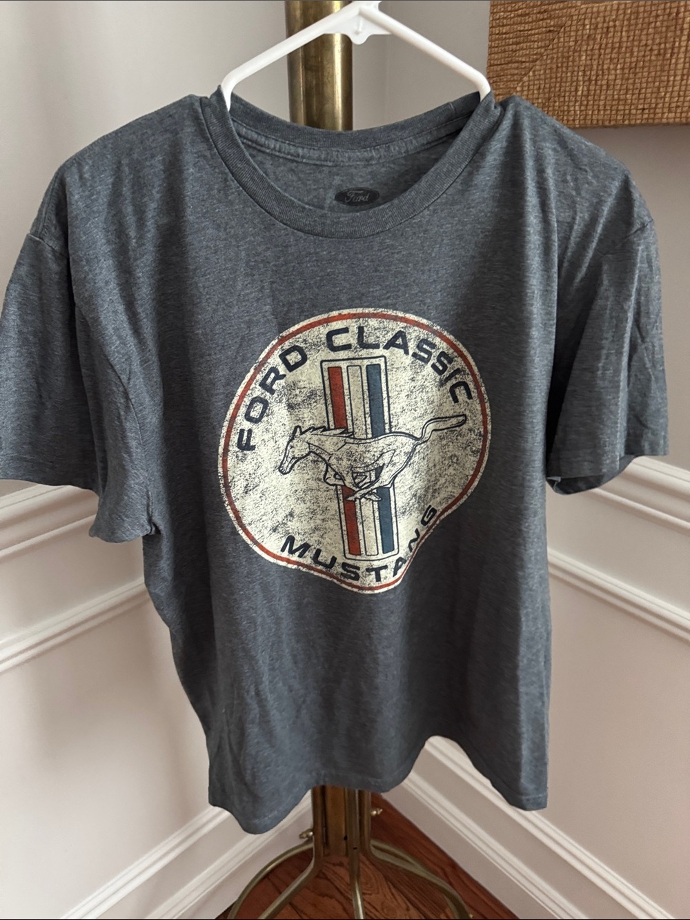 Ford Classic Mustang Gray Graphic Tee with Red & Blue Accent